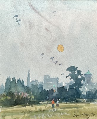 Lot 1 - Ian Hay (1940-2025) Watercolour, Parachutes overColchester Castle Park, signed and dated 1990, in glazed frame, 17cm x 13.7cm.