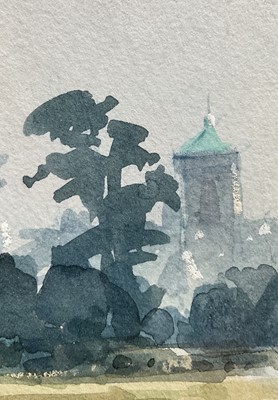 Lot 1 - Ian Hay (1940-2025) Watercolour, Parachutes overColchester Castle Park, signed and dated 1990, in glazed frame, 17cm x 13.7cm.