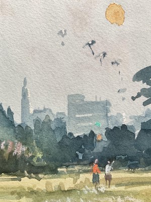 Lot 1 - Ian Hay (1940-2025) Watercolour, Parachutes overColchester Castle Park, signed and dated 1990, in glazed frame, 17cm x 13.7cm.