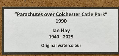 Lot 1 - Ian Hay (1940-2025) Watercolour, Parachutes overColchester Castle Park, signed and dated 1990, in glazed frame, 17cm x 13.7cm.