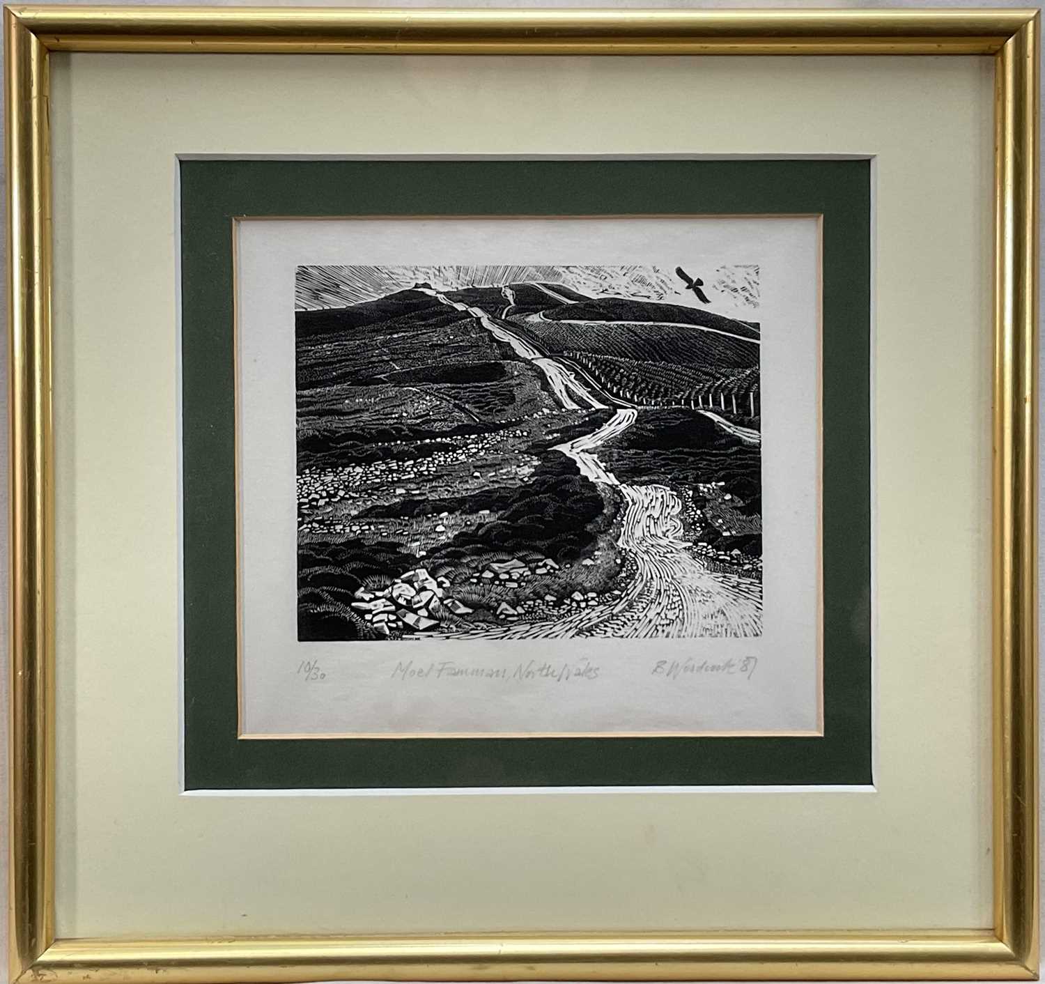 Lot 5 - Barry Woodcock, limited edition woodcut, Moel Fammau, North Wales, signed and dated 1987, edition number 10/30, in glazed frame, 10cm x 12.5cm.