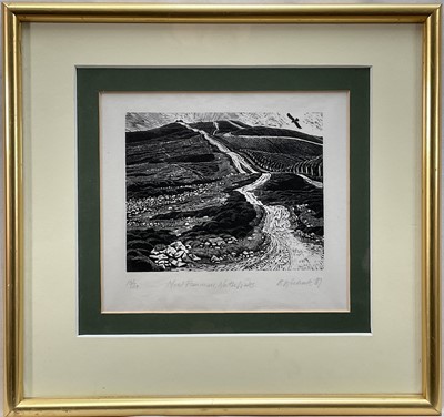 Lot 5 - Barry Woodcock, limited edition woodcut, Moel Fammau, North Wales, signed and dated 1987, edition number 10/30, in glazed frame, 10cm x 12.5cm.