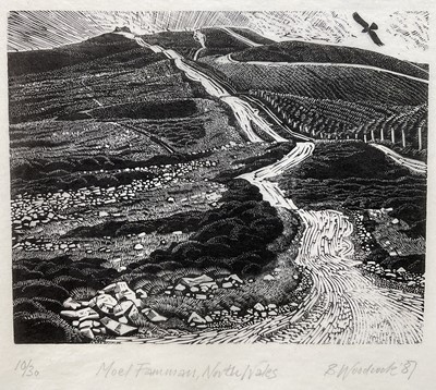 Lot 5 - Barry Woodcock, limited edition woodcut, Moel Fammau, North Wales, signed and dated 1987, edition number 10/30, in glazed frame, 10cm x 12.5cm.