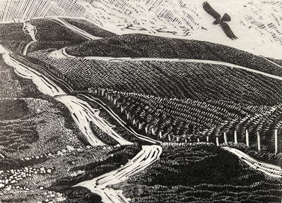 Lot 5 - Barry Woodcock, limited edition woodcut, Moel Fammau, North Wales, signed and dated 1987, edition number 10/30, in glazed frame, 10cm x 12.5cm.
