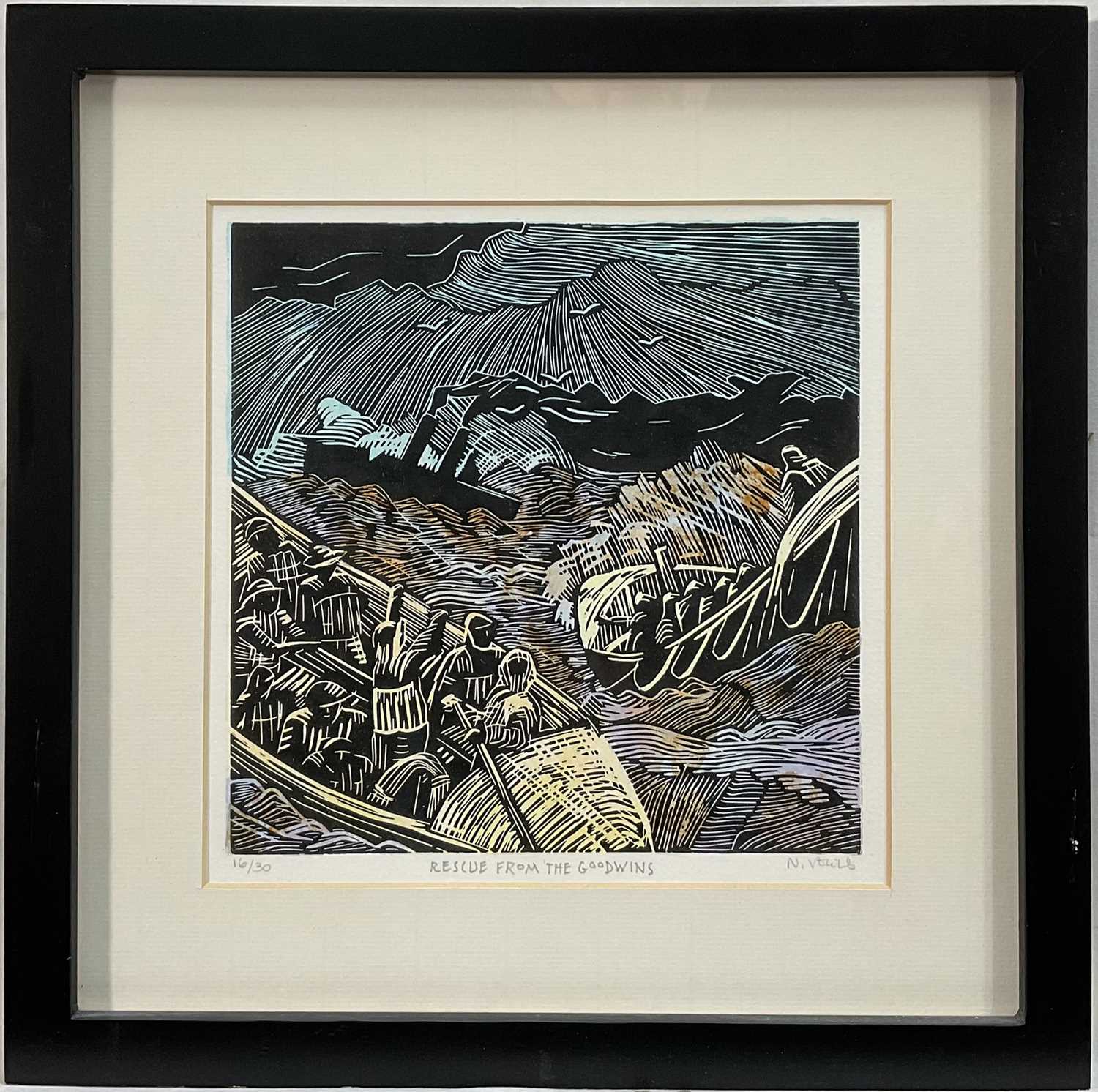 Lot 4 - Nikki Vowels, Coloured Linocut, Rescue from the Goodwins, signed, edition number 16/30, in glazed frame, 19.5cm x 19.5cm.