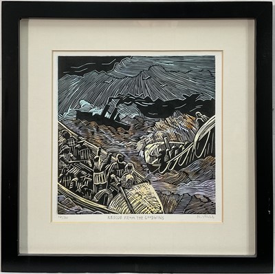 Lot 4 - Nikki Vowels, Coloured Linocut, Rescue from the Goodwins, signed, edition number 16/30, in glazed frame, 19.5cm x 19.5cm.