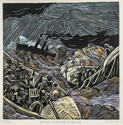 Lot 4 - Nikki Vowels, Coloured Linocut, Rescue from the Goodwins, signed, edition number 16/30, in glazed frame, 19.5cm x 19.5cm.