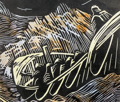 Lot 4 - Nikki Vowels, Coloured Linocut, Rescue from the Goodwins, signed, edition number 16/30, in glazed frame, 19.5cm x 19.5cm.