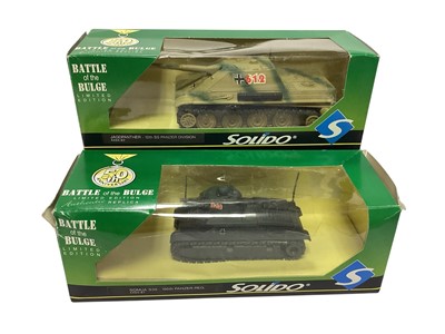 Lot 1735 - Solido 50th Anniversary 1:50 scale Limited Edition Battle of the Bulge diecast military vehicles including Panzer IV #4494/81, Captured M4 3A Sherman #4494/83, M10 Tank Destroyer #4494/76, Panth...