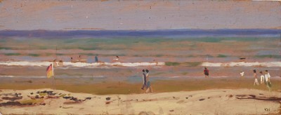 Lot 1186 - *Ken Howard RA (1932-2022) oil on board, Beach scene, signed with initials, 14cm x 35cm, unframed