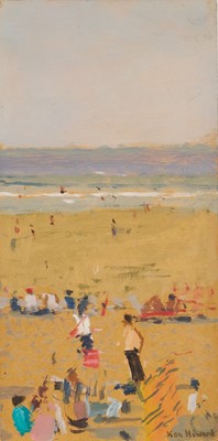 Lot 1185 - *Ken Howard RA (1932-2022) oil on board, Beach and figures, signed, 30.5cm x 15.5cm, unframed