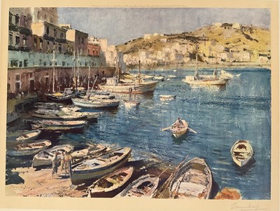 Lot 26 - Edward Seago (1910-1974) signed print, The Port of Ponza, pub. 1960 by Frost & Reed, 46cm x 63cm, laid on card, unframed
