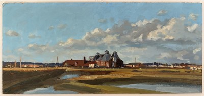 Lot 29 - James Hewitt (b. 1934) oil on board, 'Saltcote Mill', 21cm x 45cm, titled to artists label verso, unframed