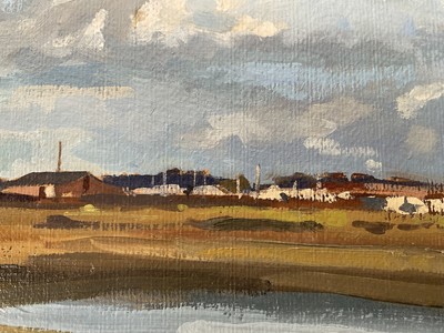Lot 29 - James Hewitt (b. 1934) oil on board, 'Saltcote Mill', 21cm x 45cm, titled to artists label verso, unframed