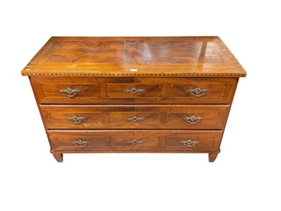 Lot 1438 - 18th century Italian inlaid walnut chest of three long drawers, 128cm wide, 59cm deep, 81cm high