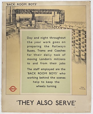 Lot 25 - London Transport poster by Fred Taylor - ‘Back Room Boys - They also Serve’, pub. Baynard Press