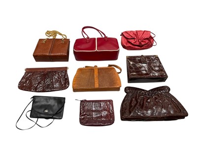 Lot 2513 - Collection of vintage handbags, including 1940s Deco brown alligator clutch and one other alligator bag, lizardskin, snakeskin by Aspects, other makes include Mappin & Webb and Jane Shilto...