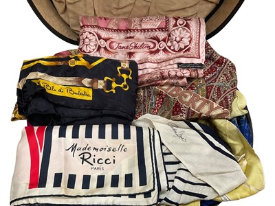 Lot 2514 - Large collection of vintage scarves in 6 hat boxes and 1 other box. Many silk scarves including Liberty, YSL, Oscar de la Renta, Ricci, Vera, Chaffrey & Richards, Cornelia James, Jane Shilt...