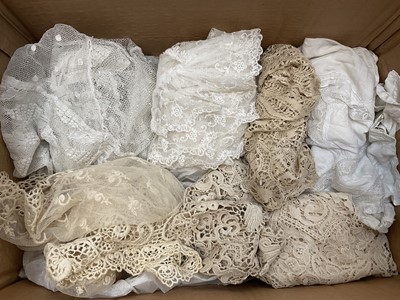 Lot 2520 - Antique and later lace collars and shawl collars, including Irish crochet, Maltese lace, Honiton lace. Plus an embroidered net lace short blouse and one other white cotton and lace top.