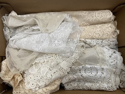 Lot 2519 - Antique and later lace items including a pair of crochet tie-on pockets, wide Maltese lace collar, Irish crochet dress front insert, tape lace collar, lappets, needlerun net lace bonnet veil, t...