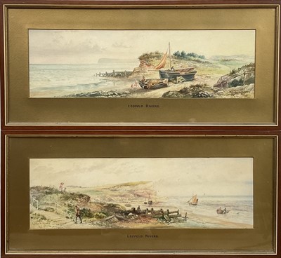 Lot 70 - Leopold Rivers (1852-1905) pair of Victorian watercolours in glazed frames- Coastal landscapes with fisherfolk, 14cm x 46cm