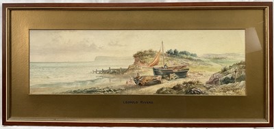 Lot 70 - Leopold Rivers (1852-1905) pair of Victorian watercolours in glazed frames- Coastal landscapes with fisherfolk, 14cm x 46cm