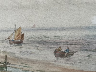 Lot 70 - Leopold Rivers (1852-1905) pair of Victorian watercolours in glazed frames- Coastal landscapes with fisherfolk, 14cm x 46cm