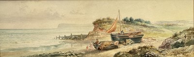 Lot 70 - Leopold Rivers (1852-1905) pair of Victorian watercolours in glazed frames- Coastal landscapes with fisherfolk, 14cm x 46cm