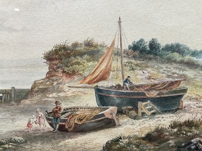 Lot 70 - Leopold Rivers (1852-1905) pair of Victorian watercolours in glazed frames- Coastal landscapes with fisherfolk, 14cm x 46cm