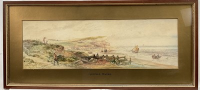 Lot 70 - Leopold Rivers (1852-1905) pair of Victorian watercolours in glazed frames- Coastal landscapes with fisherfolk, 14cm x 46cm
