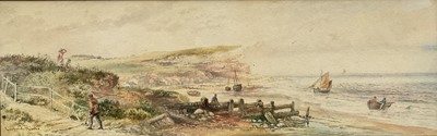 Lot 70 - Leopold Rivers (1852-1905) pair of Victorian watercolours in glazed frames- Coastal landscapes with fisherfolk, 14cm x 46cm
