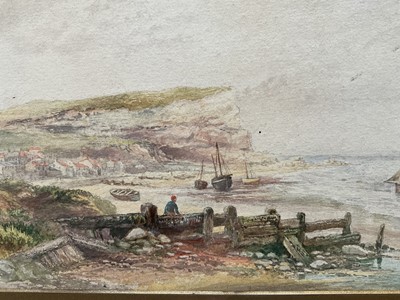 Lot 70 - Leopold Rivers (1852-1905) pair of Victorian watercolours in glazed frames- Coastal landscapes with fisherfolk, 14cm x 46cm