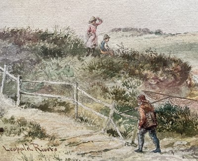 Lot 70 - Leopold Rivers (1852-1905) pair of Victorian watercolours in glazed frames- Coastal landscapes with fisherfolk, 14cm x 46cm