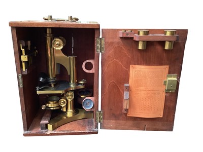 Lot 2934 - Edwardian lacquered brass microscope in case