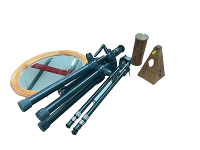 Lot 5192 - Metronome, spice tower, pine wall mirror and two tripods.