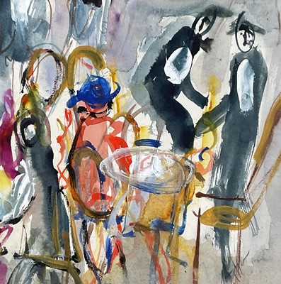Lot 72 - Michael Gibbison (b. 1937) mixed media, The Waiters, signed, titled verso, 23cm x 22.5cm, glazed frame