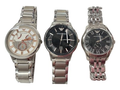Lot 941 - Three Emporio Armani gentlemen's stainless steel wristwatches, Ref: AR-4663, AR-2457, AR-1706