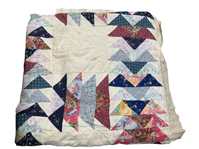 Lot 2521 - Victorian handstitched patchwork bedcover 220 x 250cms, with later repair patches. Flying Geese patchwork panel 120 x 200cms and a mid-century patchwork panel 120 x 150cms all measurements are appr...