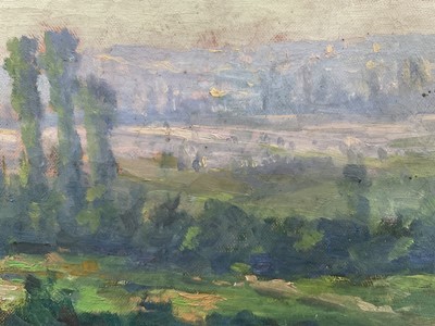 Lot 47 - Impressionist School, oil on canvas, plein air landscape study with Elms, 27cm x 41cm, unframed