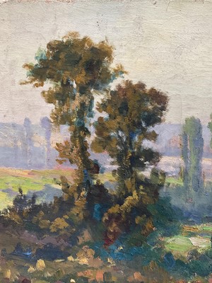 Lot 47 - Impressionist School, oil on canvas, plein air landscape study with Elms, 27cm x 41cm, unframed