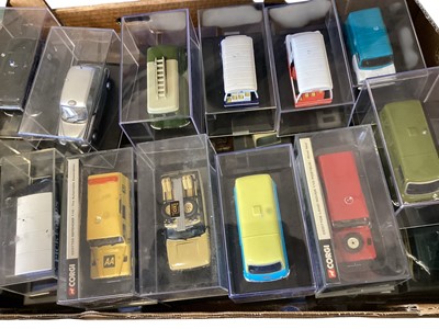 Lot 1753 - Oxford 1:43 scale commercial vehicles, emergency services and cars, in Perspex boxes (2 boxes)