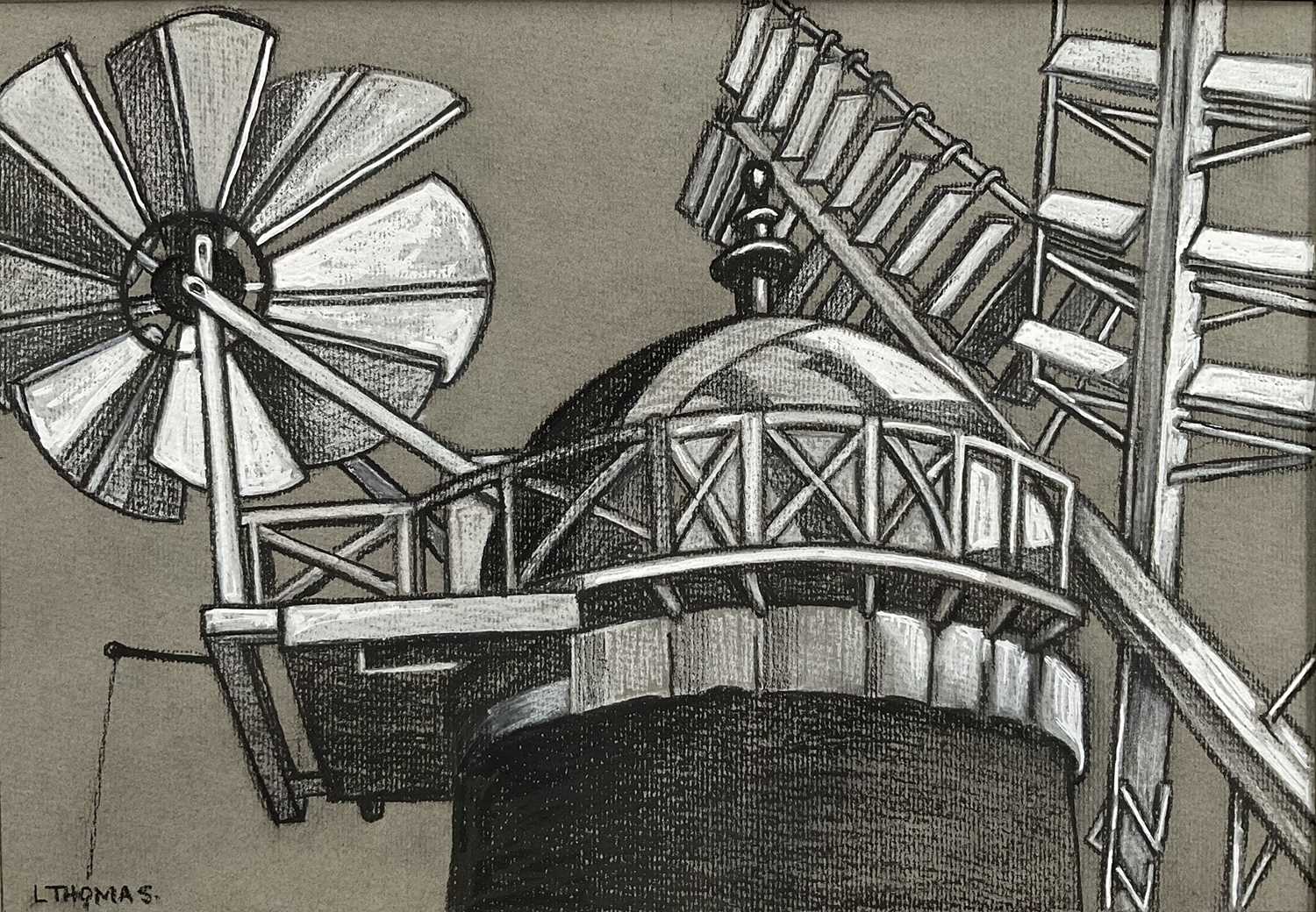 Lot 84 - L. Thomas mixed media on paper, Top of the Windmill, signed, 23.5cm x 34cm, with mount unframed