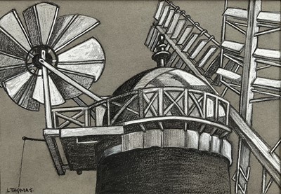 Lot 84 - L. Thomas mixed media on paper, Top of the Windmill, signed, 23.5cm x 34cm, with mount unframed
