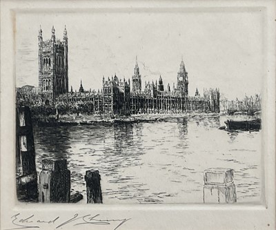 Lot 83 - Edward J. Cherry (1886-1960) etching, The Houses of Parliament, signed, 10.5cm x 13.5cm, in glazed frame
