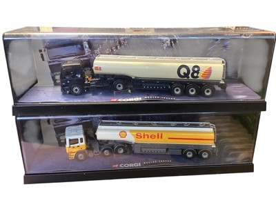 Lot 1756 - Corgi 1:50 scale Modern Truck ERF Shell Tanker EC Series ~ 75102, Leyland DAF Q8 Tanker 85 series ~ 75301, ERF Eddie Stobart Curtainside EC series ~ 75201 and ERF Gulf Tanker EC series ~ 75101,...