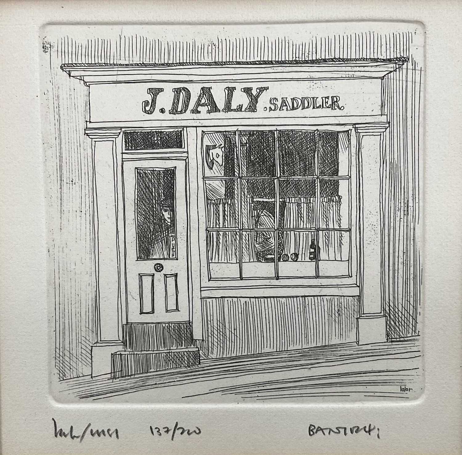 Lot 81 - Irish limited edition etching, 'J. Daly Saddler' (Cork) from Memories of Ireland 1981, indistinctly signed, 137/200, 9.5cm x 9.5cm, glazed frame