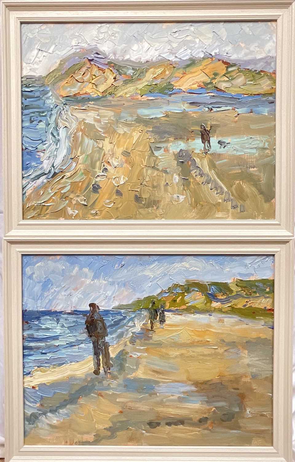 Lot 88 - Annelise Firth (b. 1961) pair oils on canvas, Skegen (Denmark) Beach and Sand Dunes, both signed and dated 2025, 35cm x 45cm, both framed (2)