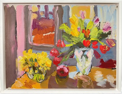 Lot 89 - Annelise Firth (b. 1961) oil on board, Daffodils, Tulips, Pomegranate, signed and dated 2025, 30cm x 40cm, framed