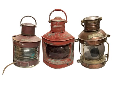 Lot 2966 - Three ships lanterns to include one copper and brass lantern, two painted lanterns