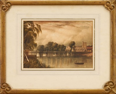 Lot 1193 - J Sambroke de Rockstro (19th century) watercolour - Putney Bridge from the grounds of the Bishop of London, exhibited Royal Academy 1848, no 1078, marked verso, glazed gilt frame